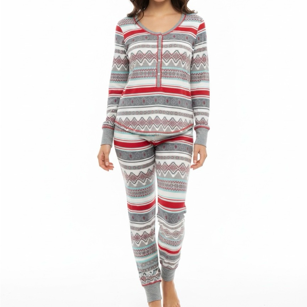 Victoria’s Secret Fireside Thermal Pajama Set Red Grey Fair Isle Henley Medium